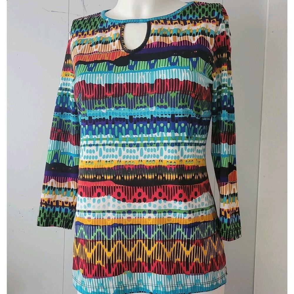 Cindy Oh Women’s Sz S Boho Geometric 3/4 Sleeve Keyhole Top Stripes Tribal